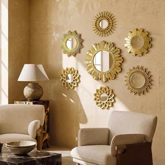 Gerrii 7 Pcs Gold Sunburst Mirror for Wall Decorative Gold Mirrors for Wall Decor Vintage Mirror Sets Hanging Round Decorative Mirrors Accessories for Art Entryway Living Room Home Decor Art Gifts
