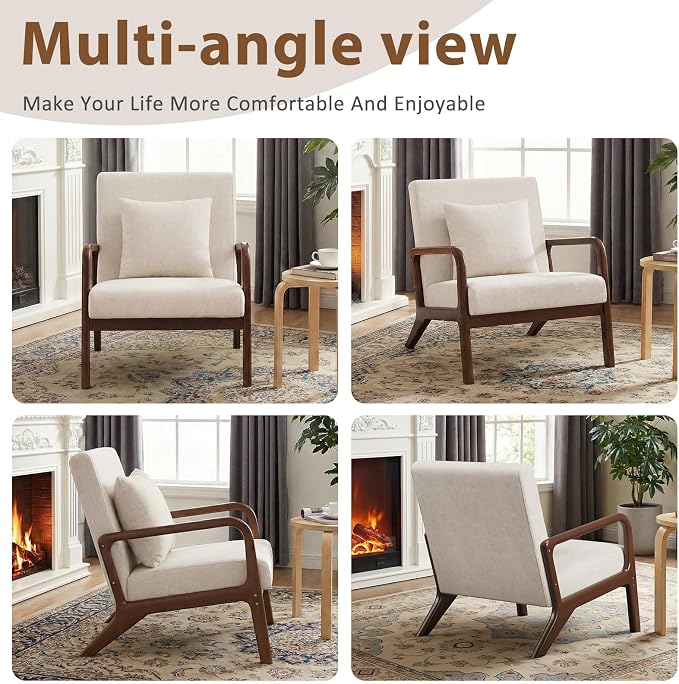 Mid Century Accent Chair with Solid Wood Frame, Upholstered Lumbar Pillow Lounge Chair Beige Linen Fabric Cozy Leisure Chair Relaxing Walnut Living Room Chair for Bedroom Waiting Room