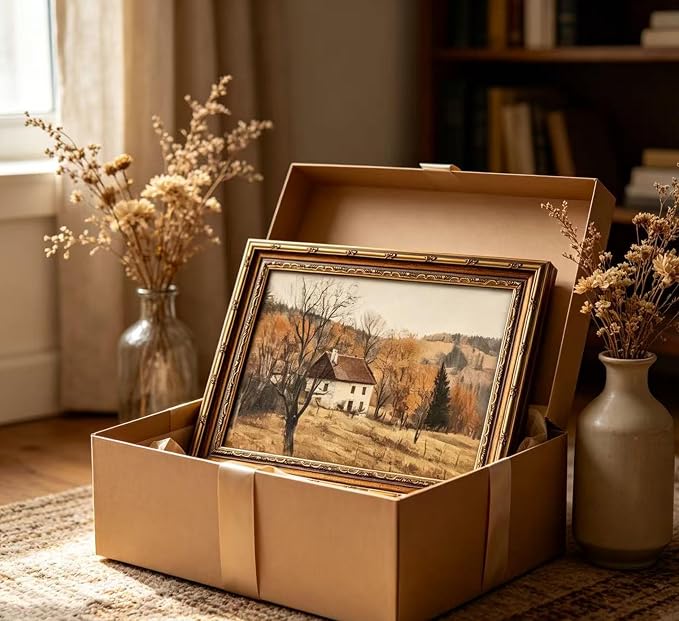 Vintage Gold Framed Autumn Country Cottage Wall Art ，Rustic Farmhouse Landscape Canvas Prints, Retro Fall Cabin Painting for Living Room Bedroom Kitchen Wall Decor，9x11in