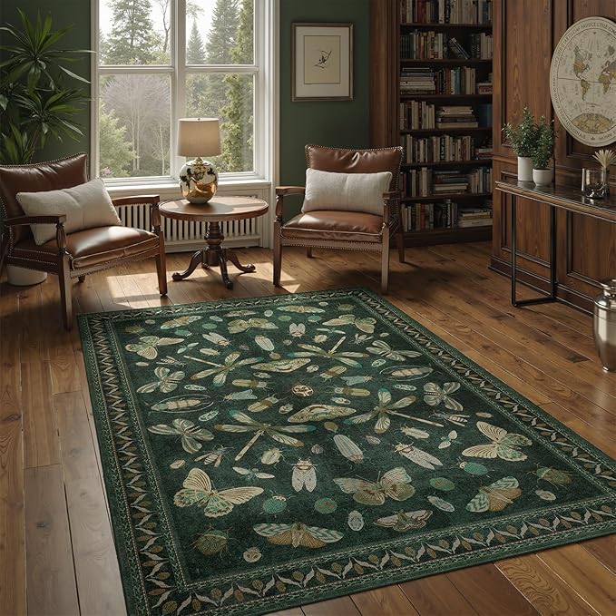 DCX 4x6 Washable Insect Rug, Vintage Gothic Dark Green Rug with Non-Slip Rubber Backing, Soft Low-Pile, Stain-Resistant, Kid & Pet Friendly, for Living Room, Bedroom, Office, and Nature-Themed Decor