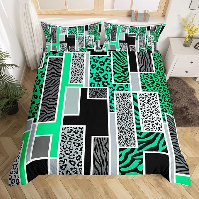 Erosebridal Leopard Print Comforter Cover Queen Zebra Skin Texture Bedding Set Wild Animal Cheetah Print Duvet Cover for Kids Teen Adults,Green Black Grey Geometric Bed Set