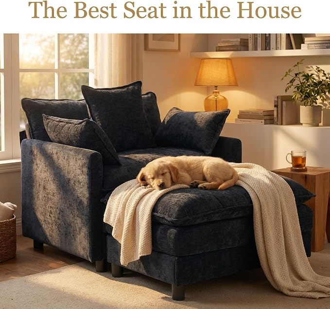 GRAVFORCE Oversized Chair with Ottoman, Comfy Upholstered Chaise Lounge Chair, Accent Indoor Reading Chairs for Living Room, Bedroom (Black)