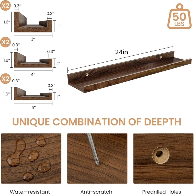 Picture Ledge Shelf, Floating Shelves Set of 6, 24 inch Long Picture Shelf for Wall with Lip, Wall Mounted Shelves for Bedroom, Living Room, Bathroom, Kitchen,Walnut