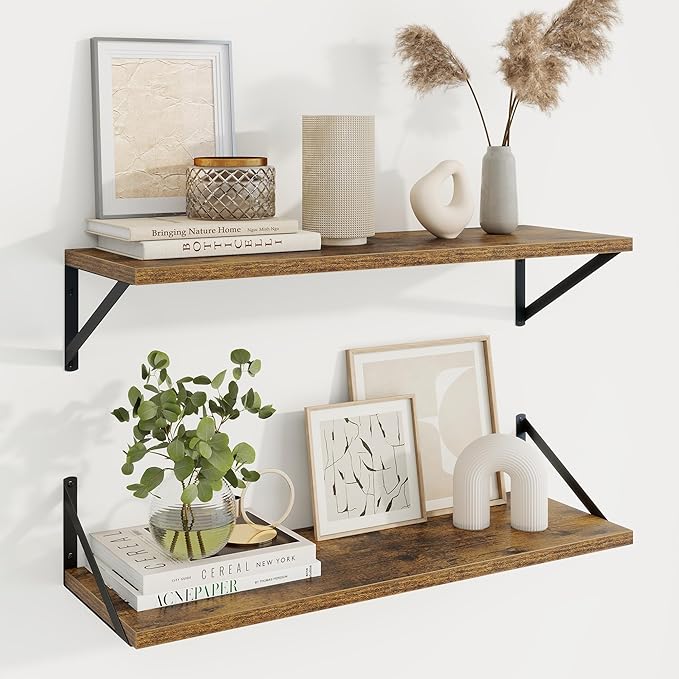 Axeman 30 Inch Floating Shelves | 10 Inch Deep Brown Wall Shelves Set of 2 | 30" W x 10" D Rustic Brown Floating Shelves for Living Room Bathroom Kitchen