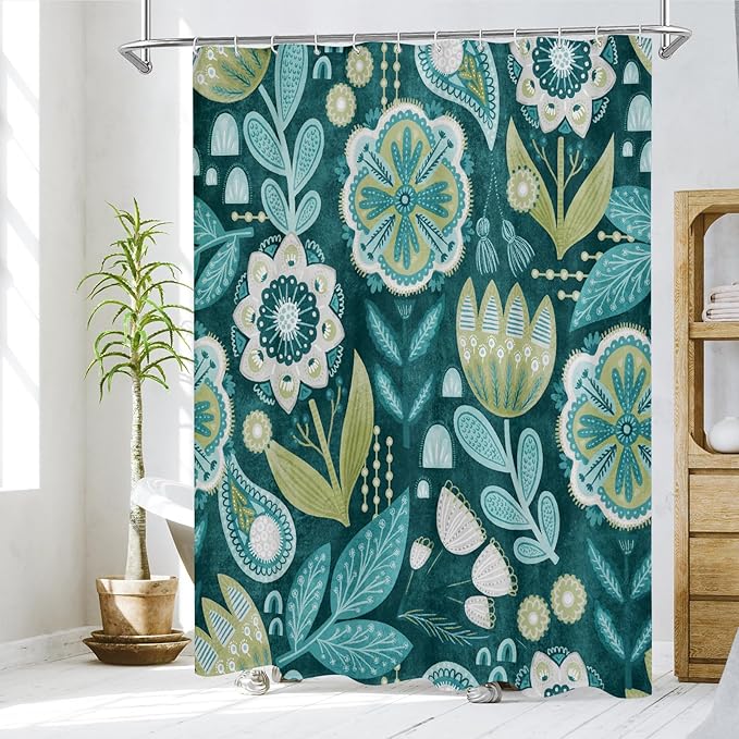 MitoVilla Boho Floral Teal Shower Curtain, Spring Flower Shower Curtains for Chic Elegant Bathroom Decor, Vintage Fabric Cloth Shower Curtain, Summer Colorful Abstract Leaves, 72x72