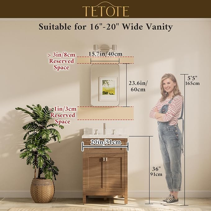 TETOTE 16 x 24 Inch Brushed Gold Frame Mirror, Brass Gold Bathroom Vanity Mirror for Wall, 2 Inch Thick Modern Round Corner Rectangle Framed Mirror (Horizontal/Vertical)