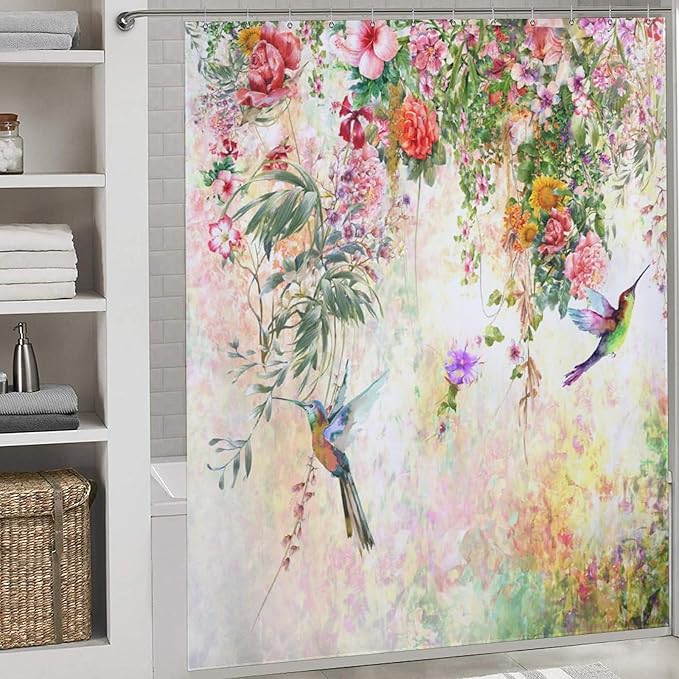 Watercolor Flowers Hummingbird Shower Curtain,Watercolor Floral with Tropical Flower Bird Butterfly Spring And Summer Waterproof Shower Curtains for Bathroom Decor 12 Pack Hooks 72x72in (183x183cm)