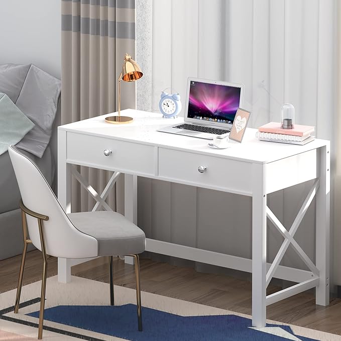 WiberWi Home Office Desk with Drawers, Modern Writing Computer Desk for Bedroom, Small Makeup Vanity Table Study Table for Home Office,White