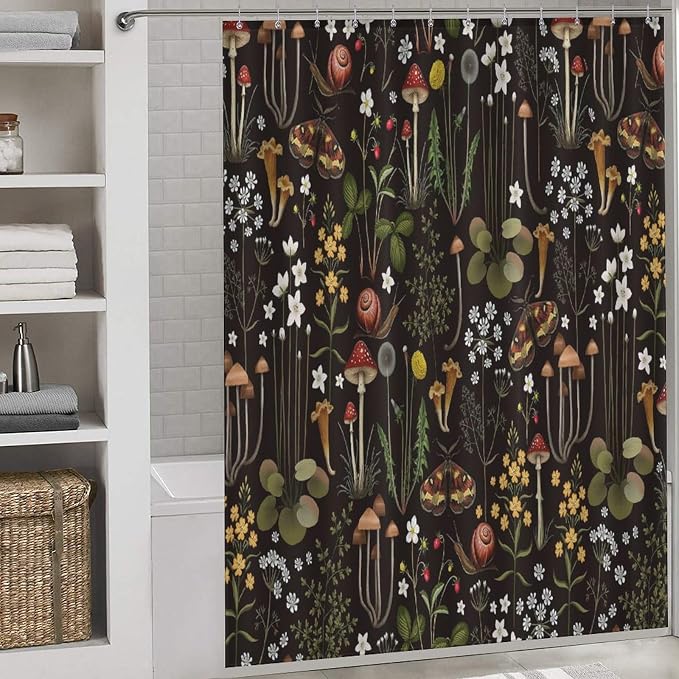Mushroom Shower Curtain, Retro Wild Floral Botanical Mushroom Floral Moth Cottagecore Nature Plants Leave Herbs Black Farmhouse Waterproof Fabric Bathroom Shower Curtain Set with Hooks, 72"x78" Inch