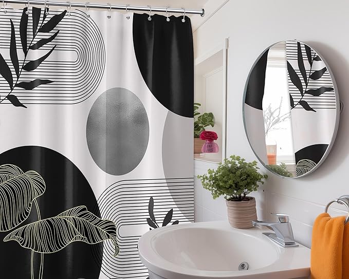 Black and Grey Shower Curtain Black White Gray Mid Century Modern Shower Curtains for Bathroom Decor Boho MCM Mens Cool Bath Curtain Set, Waterproof Fabric with Hooks 70 x 72 Inch