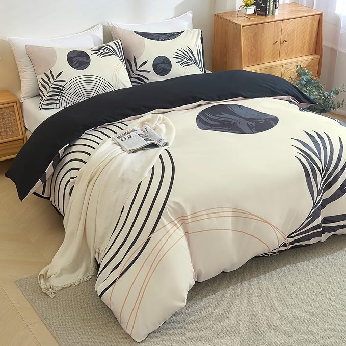 Hilioens Boho Duvet Cover Queen Black Abstract Arch Sun Modern Mid Century Boho Bedding Sets for All Seasons, 3 Pieces Home Bedroom Decorations Soft Microfiber