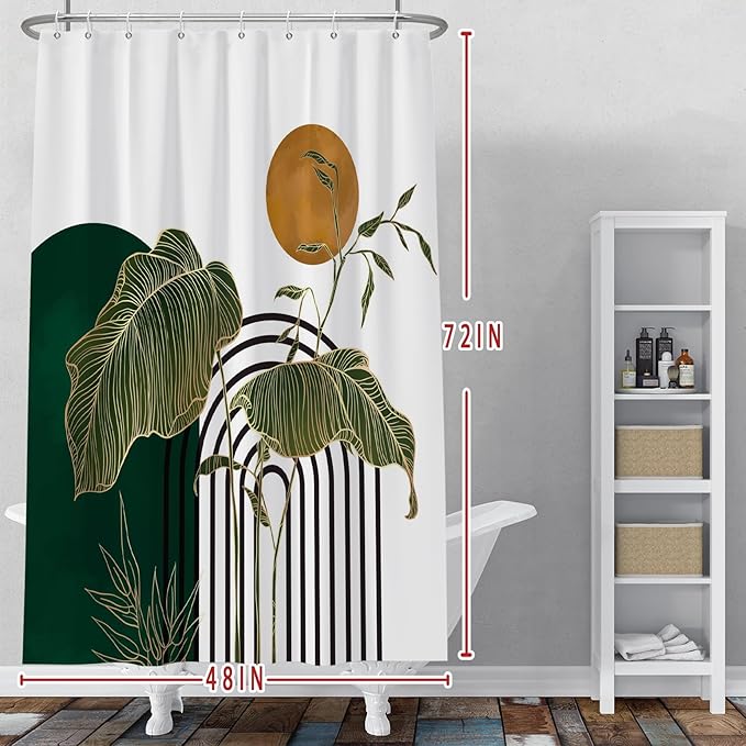 Baocicco Boho Shower Curtain Green Gold Leaves Plants Sun Modern Abstract Geometric Shower Curtains Decorative for Bathroom Waterproof Fabric Shower Curtain with Hooks 48x72 Inches