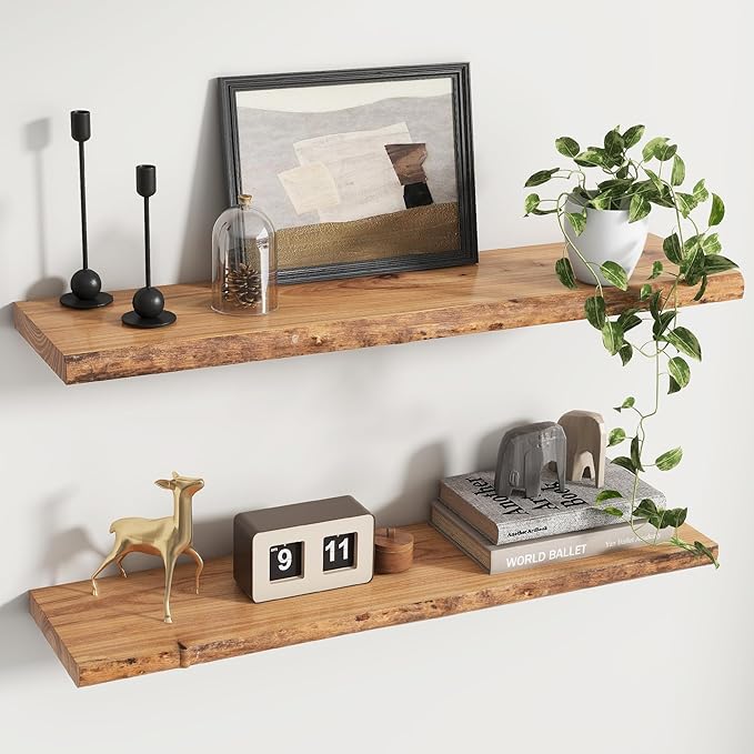 Reclaimed Elm Wood Floating Shelves for Wall, Live Edge 36" W x 9.2" D x 1.4" H, Set of 2 Invisible Wall Mounted Shelves for Living Room Bedroom Kitchen Bathroom Decor, Natural Finish