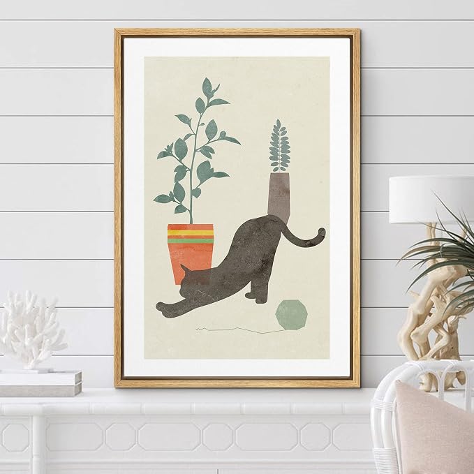 Woodrose Framed Canvas Print Wall Art Retro Black House Cat with Plants Animals Shapes Illustrations Modern Minimalist Chic Relax/Calm Multicolor for Living Room, Bedroom, Office - 24"x36" Natural