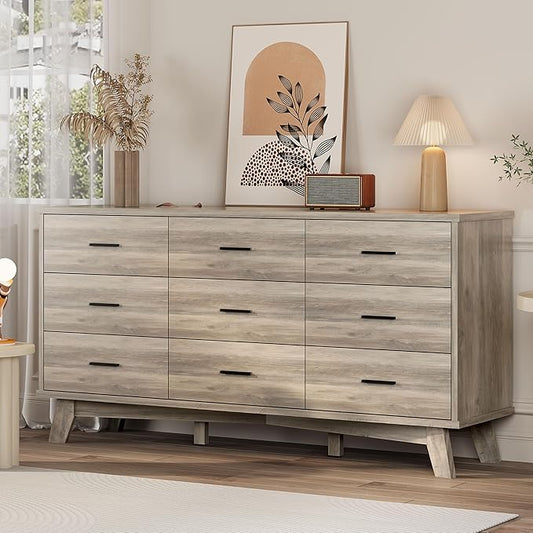 Dresser for Bedroom, 9 Drawer Wide Modern Chest of Drawers with X-Shaped Sturdy Base, Wood Double Dresser Closet Clothes Storage Organizer, Wooden TV Stand for Living Room, Hallway, Grey