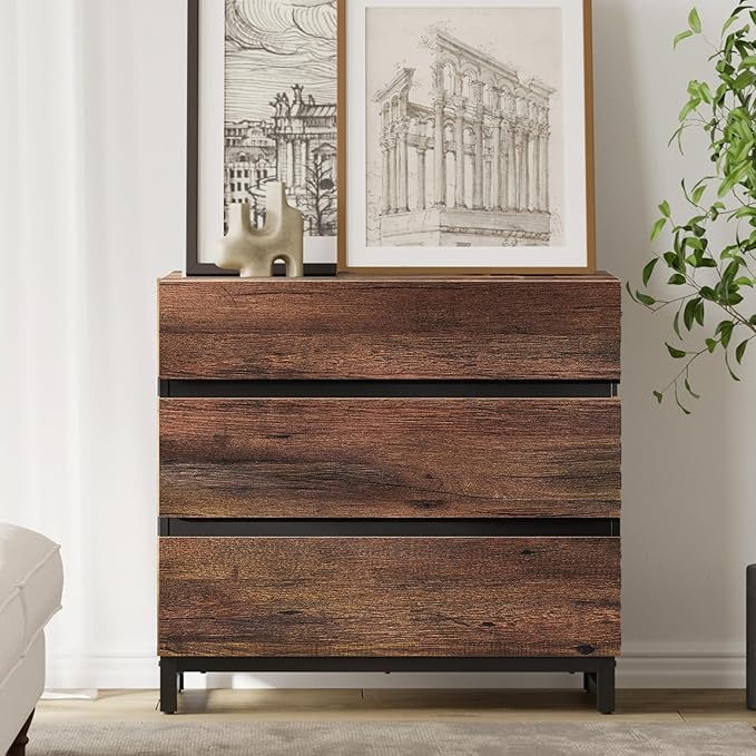 WAMPAT Dresser for Bedroom, Closet Organizers and Storage with 3 Drawers, Chest of Drawers with Metal Base, Modern Wood Dresser for Living Room, Hallway, Entryway, Brown
