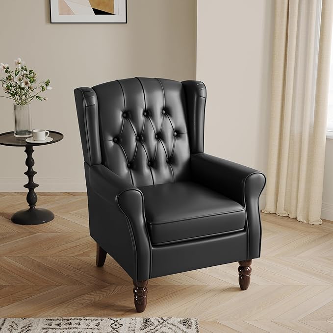 Lumibee High Back Accent Chair,Upholstered Faux Leather Wingback Armchair with Solid Wood Legs for Small Spaces,Comfy Single Sofa Chair for Living Room,Bedroom,Office-Black