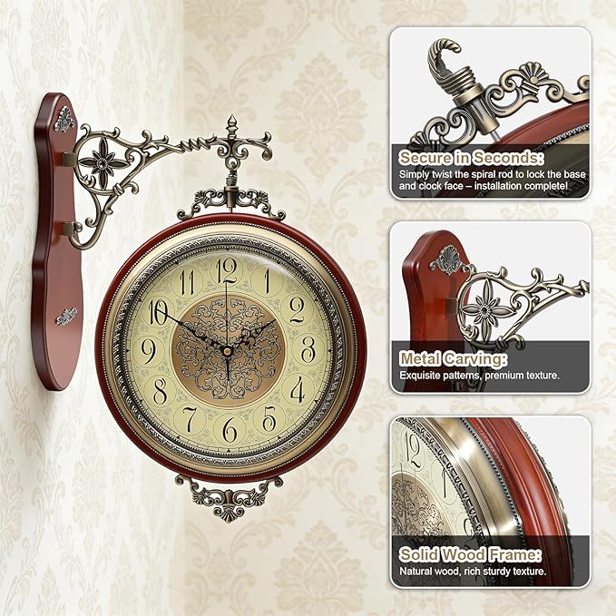 Large Vintage Double Sided Wall Clock with Glass & Copper Finish, Zinc Alloy & Solid Wood, Silent Battery Operated, Roman/Arabic Numerals for Living Room Office Decor (15.35x20.08 Inch)