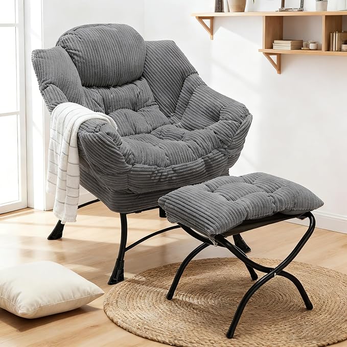 Lazy Chair with Ottoman, Oversized Comfy Accent Chair, 400LBS Heavy Duty Metal Frame, Thick Cushion Corduroy Lounge Chair for Living Room Bedroom Reading, Dark Gray