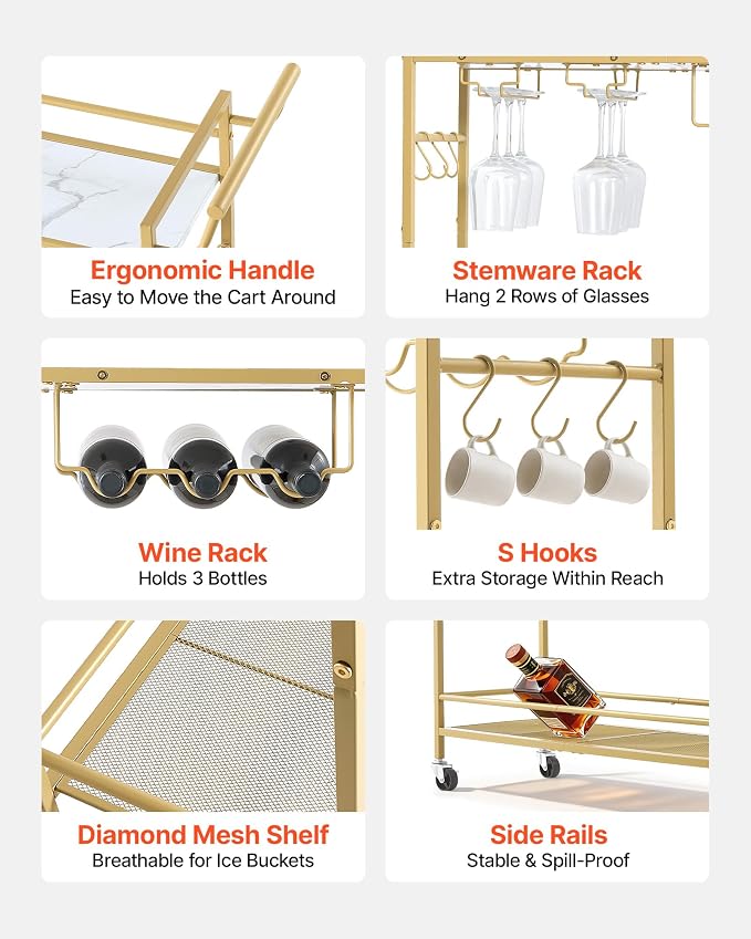 VEVOR Bar Cart, 2 Tiers Home Kitchen Serving Carts, Modern Rolling Utility Station on Wheel, Mobile Drink Beverage Trolley with Wooden & Mesh Shelf, Wine Rack, Glass Holder, 33.86x11.81x32.68 in, Gold
