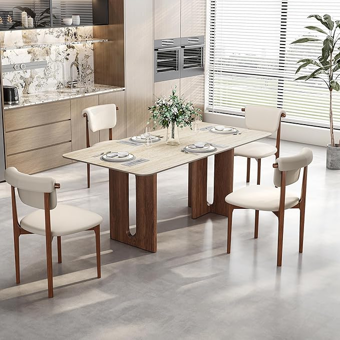 Travertine Dining Table for 4-6, Modern Kitchen Table, Easy Assembly Rectangular Dining Room Table with Solid Wood Legs in Walnut Finish (63-Inch, Table Only)