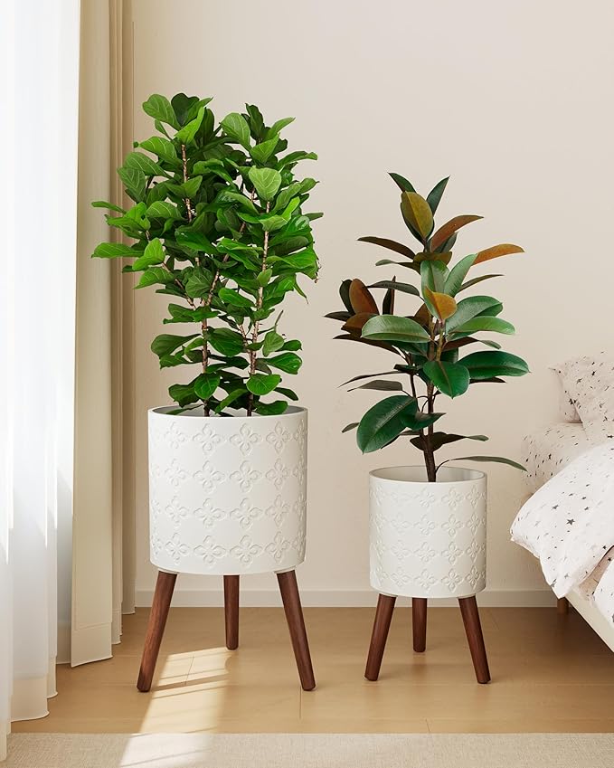 Planter with Stand,Set of 2 – Large Indoor Plant Pots & Drainage, Matte White