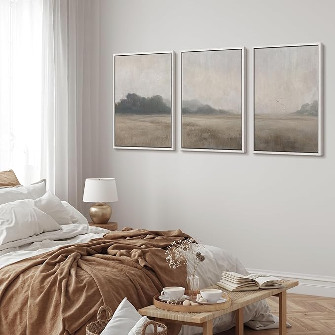 MUDECOR Framed Wall Art Print Set Serene MeadowTranquil Landscape with Foggy Fields and Distant Trees Illustrations Realism Decorative for Living Room, Bedroom, Office - 16"x24"x3 White
