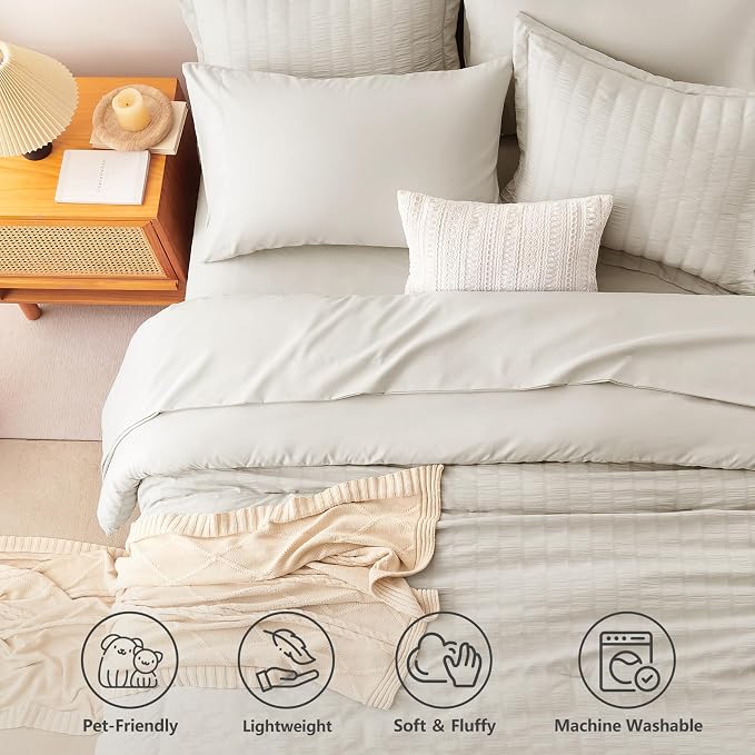 CozyLux Oversized King Comforter Set with Sheets, 7 Pieces 120"x98" Beige Seersucker Bed in a Bag, Luxury Soft Bedding Sets with Down Alternative Comforter, Sheets, Pillowcases & Shams, Home Gift