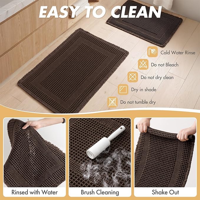 MIULEE Set of 2 Waffle Bathroom Rugs, Boho Bath Rug Super Absorbent, Non Slip Washable Ultra Soft Rubber Backed Shower Bath Mats for Floor, Tub, Shower, Looped Design, Chocolate, 24x36 Inch