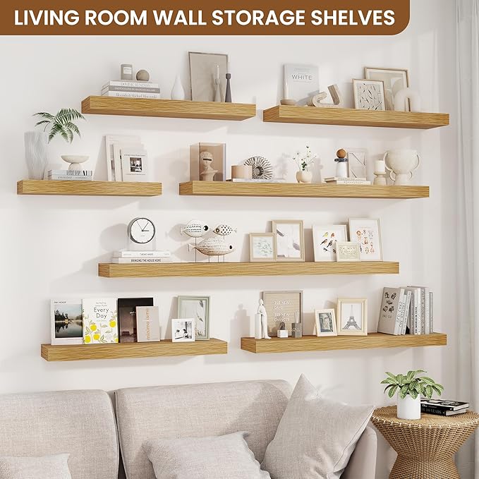 fuqing Floating Shelves for Wall, Wall Mounted Wood Floating Shelf with Invisible Brackets for Living Room, Bathroom, Bedroom, Kitchen Storage and Decor, 16 Inch Set of 2, Oak