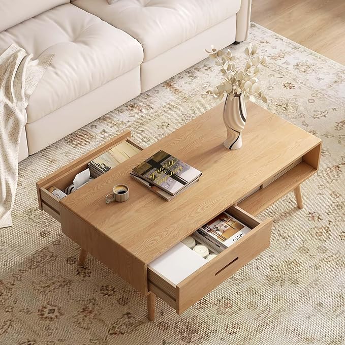 100% Solid Wood Coffee Table for Living Room, Mid-Century Modern Coffee Table with Storage Shelf and 2 Drawers, Oak Coffee Tables for Home (Natural Wood Color, 39.37'' W)