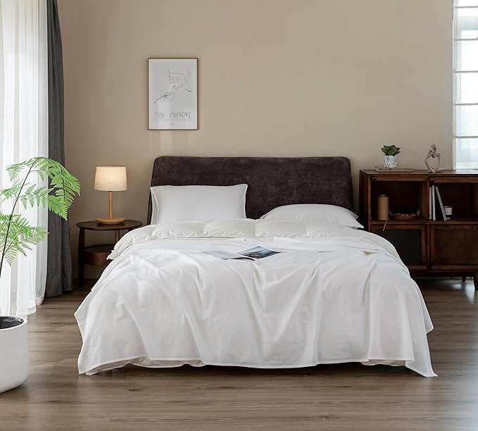 EVERLY Linen Sheets Set Full Size,100% French Stonewash Pure Linen Bed Sheets,4Pieces (1Flat Sheet,1Fitted Sheet,2Pillowcase) Suitable for Hot Sleepers,Deep Pocket Natural Bedding Set-White