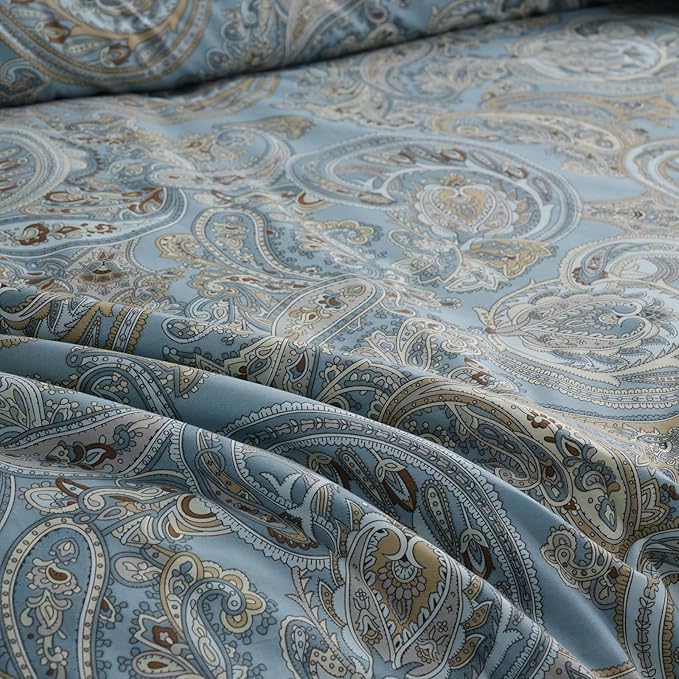 100% Cotton Duvet Cover King Size Blue Boho Paisley Pattern Duvet Cover Sets with Zipper Closure 3 Pcs Soft & Breathable Luxury Bedding Sets