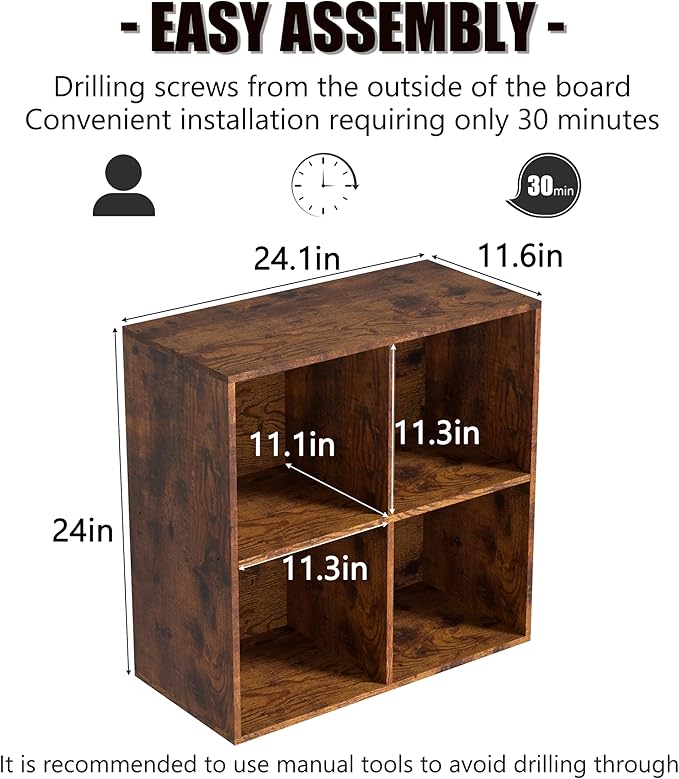 Wooden 4 Cube Storage Organizer with Closed Back Panel,White Cube Shelf Cubby Storage Organizers with Compartments for Living,Bookshelf,Organizers Easy to Install (Retro Brown, 4 Cube)