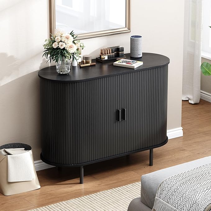 Buffet Cabinet with Storage, Fluted Sideboard Buffet with Sliding Door, Coffee Bar Cabinet with Adjustable Shelf, Console Table, Accent Table for Entryway, Kitchen (Black, 40 Inch)