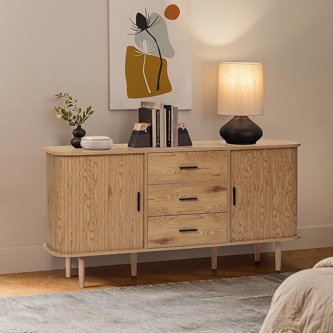 LuxenHome 59” Sideboard Buffet Cabinet with Storage, Mid Century Modern Sliding Door Sideboard Cabinet, Adjustable Shelves Wood Console Table with Storage Cabinets for Living Room, Kitchen