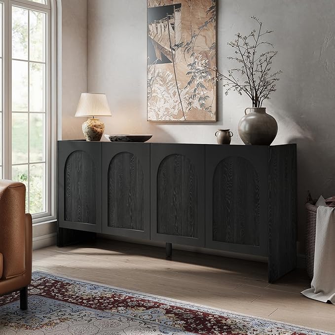 63" Sideboard Buffet Cabinet with Storage, 4 Door Solid Wood Veneer Sideboard Modern Arched Accent Cabinet with Adjustable Shelves, Large Credenza for Living Room,Kitchen,Entryway(Black)