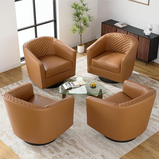 UIXE Swivel Accent Chairs Set of 4, PU Leather Barrel Club Chair for Living Room, Upholstered Round Armchair Comfy Single Sofa Bedroom Reading Seat - Coffee