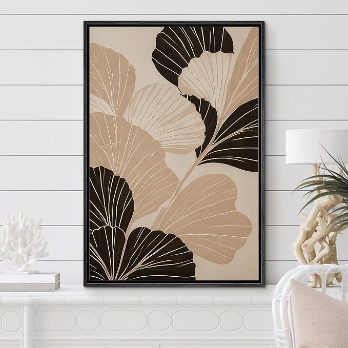 Woodrose Framed Canvas Print Wall Art Ginkgo Leaves Monochrome Nature Abstract Illustrations Modern Art Minimalist 3D Colorful Ultra for Living Room, Bedroom, Office - 24"x36" BLACK