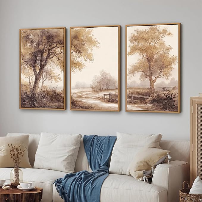 Rantodecor Vintage Landscape Framed Canvas Wall Art Triptych, Rustic Tree Sketch Wall Decor, Large Claming Nature Forest Art Paintings, Modern Relax Farmhouse Artwork for Bedroom Living Room 16"x24"x3