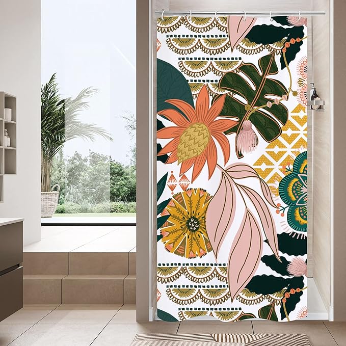 MitoVilla Floral Small Stall Shower Curtain 36 x 72, Boho Flower Narrow Half Size Chic Shower Curtains for Modern Bathroom Decor, Tropical Leaves Vintage Shower Curtain 36 inch