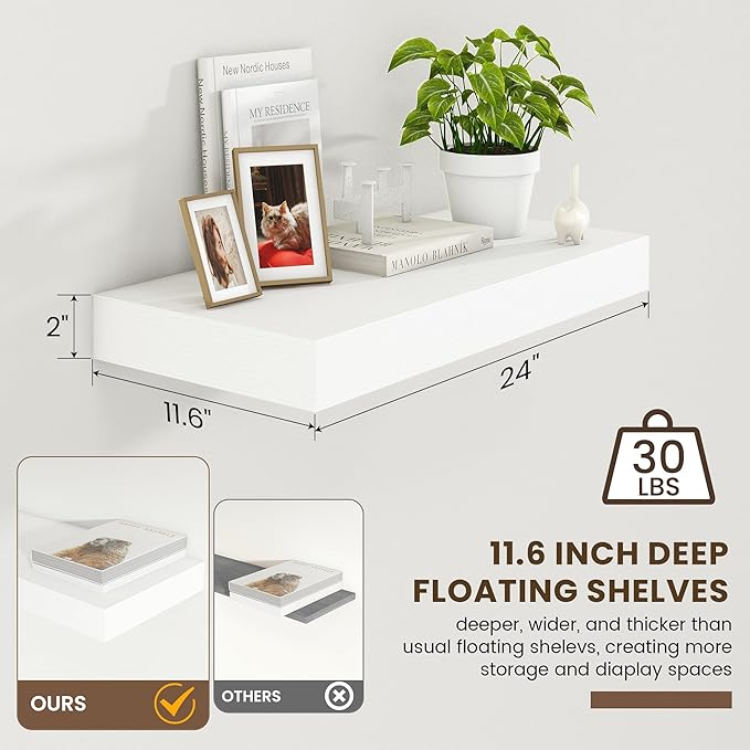12 Inch Deep Floating Shelves | 24 Inch White Floating Shelves | 24" W x 12" D White Wood Shelves for Wall | Deep Wood Shelves for Living Room Bathroom Laundry Room Kitchen