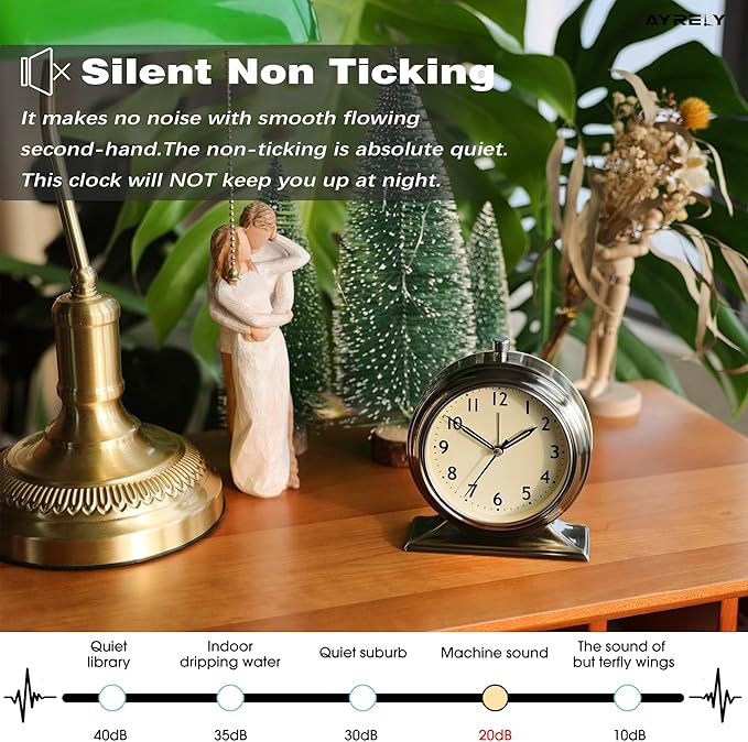 AYRELY® 4-inch Battery Operated Alarm Clock Silent Analog Desk Clocks with Light Vintage Metal Table Clock for Living Room Shelf Bedside Home Decor (Gold)