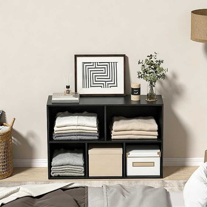 Wooden 5 Cube Storage Organizer with Closed Back Panel,White Cube Shelf Cubby Storage Organizers with Compartments for Living,Bookshelf,Organizers Easy to Install (Black, 5 Cube)