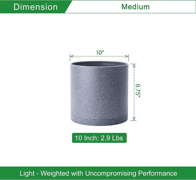D'vine Dev 10 Inch Plastic Planter Pots for Plant Pot with Drainage Hole and Seamless Saucers, Speckled Gray Color, 74-X-G-2