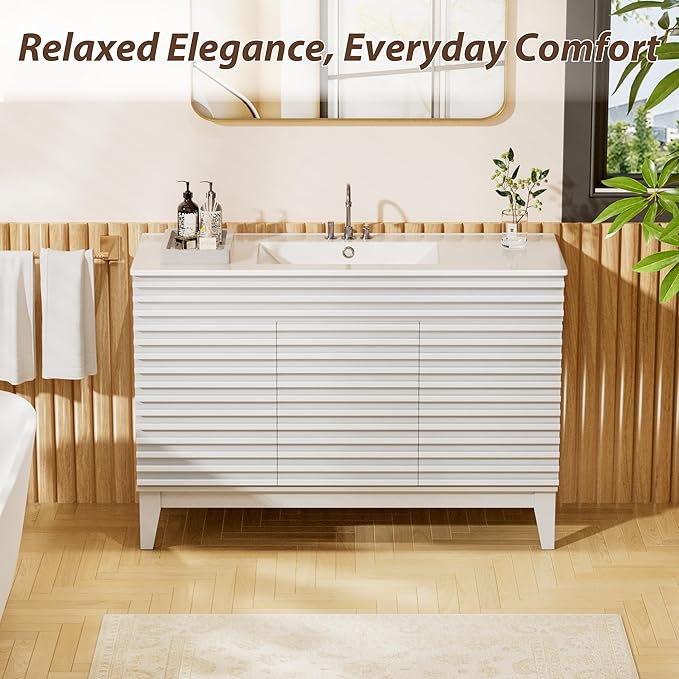 APRILSOUL 48" Bathroom Vanity with Ceramic Sink, Mid-Century Bathroom Vanity Cabinet with 2 Soft Closing Doors, Freestanding Bathroom Cabinet, Particleboard Frame with Wood Grain Laminate, White
