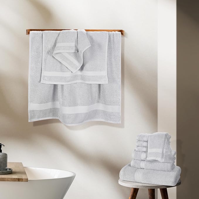 GLAMBURG Ultra Soft 24-Piece Towel Set - 100% Pure Ringspun Cotton, Contains 8 Oversized Bath Towels 27x54, 8 Hand Towels 16x28, 8 Wash Cloths 13x13 - Ideal for Everyday use, Hotel & Spa - Light Grey
