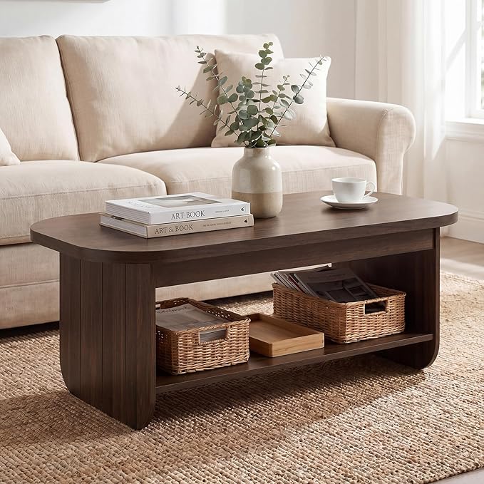 Giantex Oval Coffee Table, 47" Mid Century Modern Center Table with Storage Shelf & Round Corner, 2-Tier Accent Cocktail Tea Table, Wood Coffee Table for Living Room, Small Spaces (Espresso)