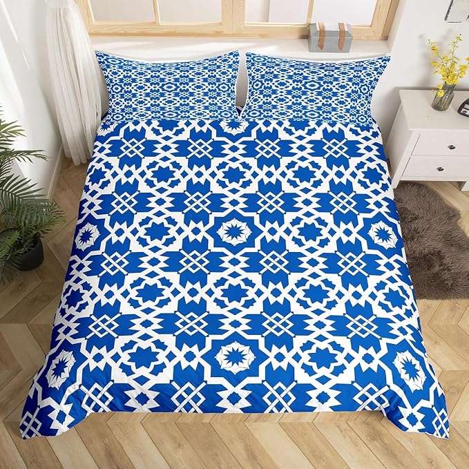 Erosebridal Blue Geometric Floral Duvet Cover Queen for Kids Teens Adults,Elegant Retro Floral Comforter Cover,Abstract Flower Art Bedding Set,Modern Aesthetic Bed Set with 2 Pillowcases Bedroom Decor