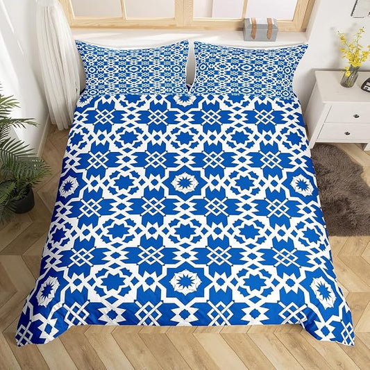Erosebridal Blue Geometric Floral Duvet Cover Twin for Kids Boys Girls,Elegant Retro Floral Comforter Cover,Abstract Flower Art Bedding Set,Modern Aesthetic Bed Set with 1 Pillowcase Bedroom Decor